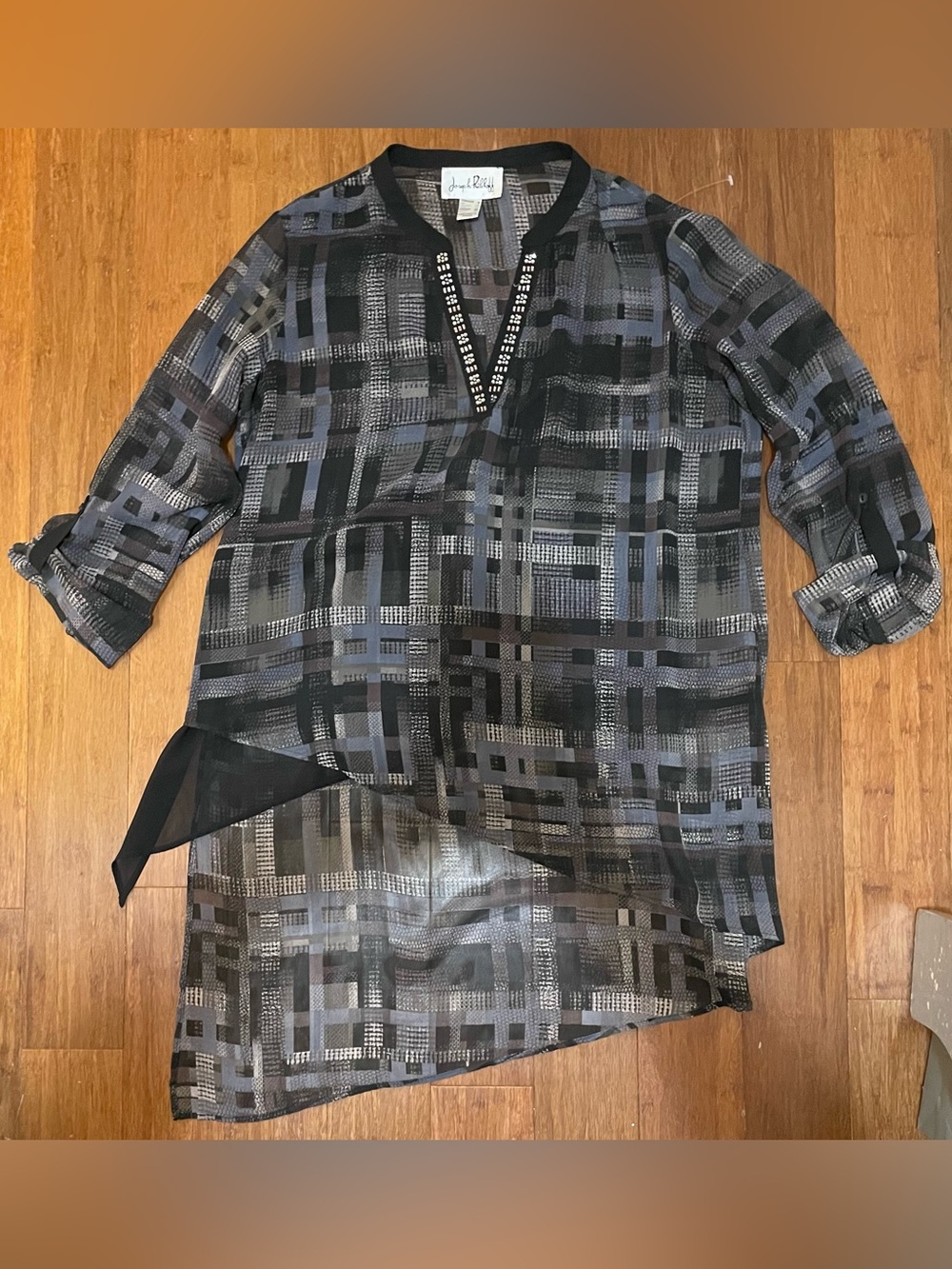 Joseph Ribkoff Tunic Blouse Oversized 6 Sheer Asymmetrical Geometric Art to Wear